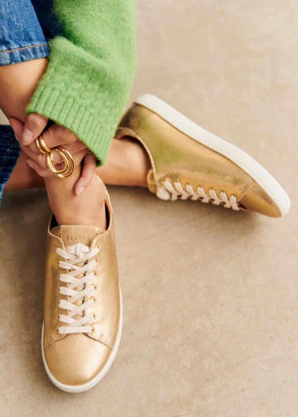 Jack Trainers Smooth Gold Crackled metallic goatskin leather Sezane