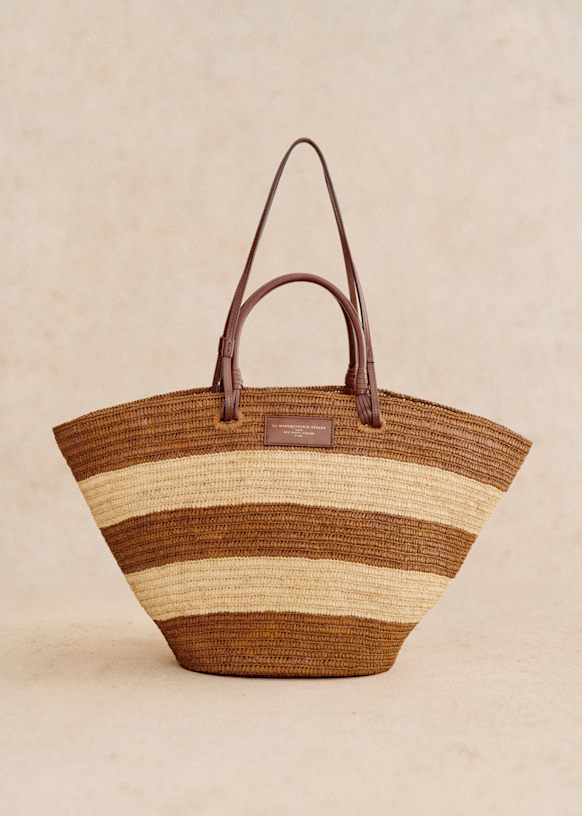 Panier En Raphia Madastyle Motif Rayé - Taille Petit/moyen/grand, Idéal Courses, Plage, Pique-nique