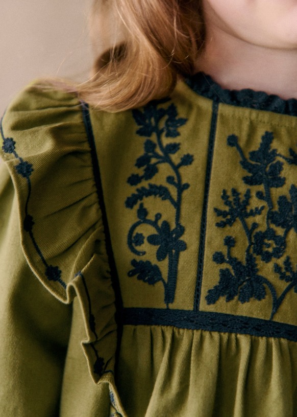 Colombe ブラウス - オリーブグリーン/マリン刺しゅう - オーガニック