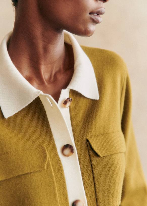 Betty Cardigan Olive Green Ecru Details Merino Wool Sézane