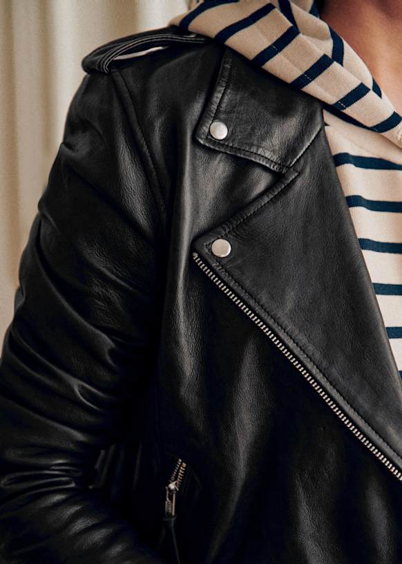 SÉZANE ブラック ライダースジャケット 36 Zig Jacket - Black Leather - Lamb leather - Sézane