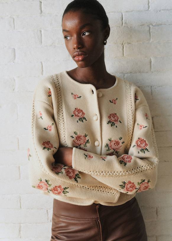 Caroline カーディガン - Sézane x Sea NY - クリーム 刺繍 - メリノ