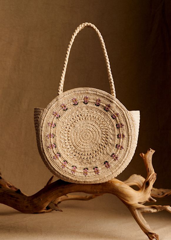June Basket - Raffia with Embroidered Flowers - Raffia - Sézane