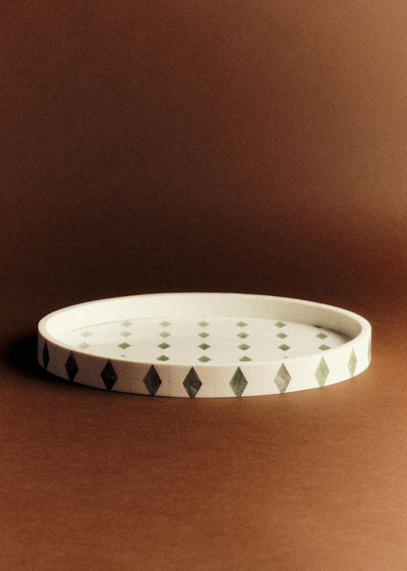 Oval Tray - Ecru and Green Diamond Pattern - Wood - Sézane