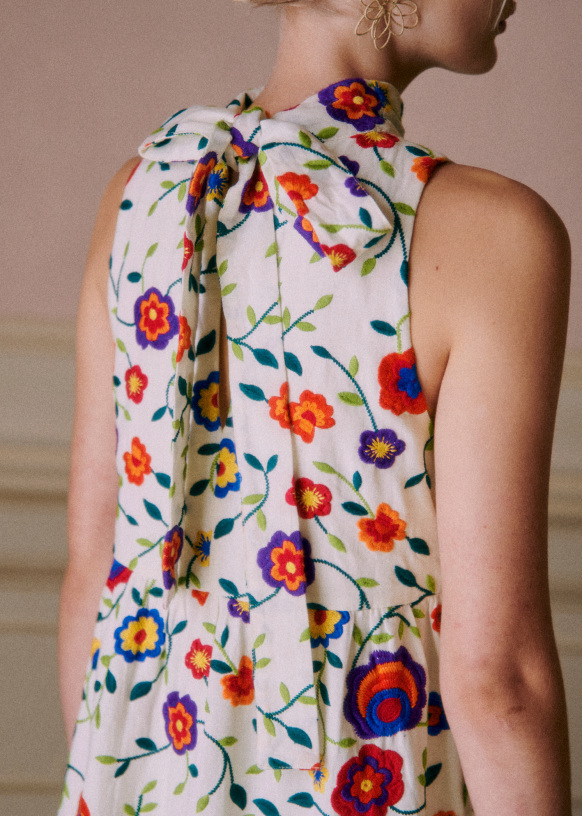 Olympia Dress Multicolour Embroidered Flowers Cotton Sezane