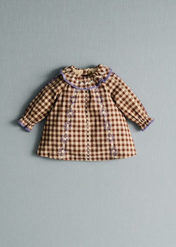 Robe Hélo - Vichy Marron Broderies Lila