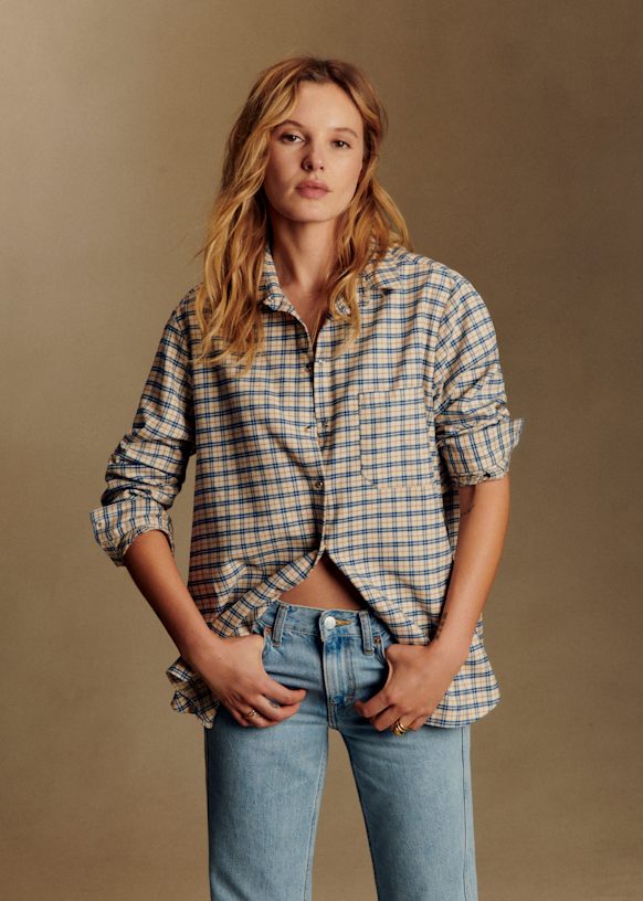MAKERS & SONS オーカーエクリュ　チェック柄 長袖シャツ サイズ2 男女兼用 WHオーバーシャツ｜アールチェック(ECRU/BLUE)│wax