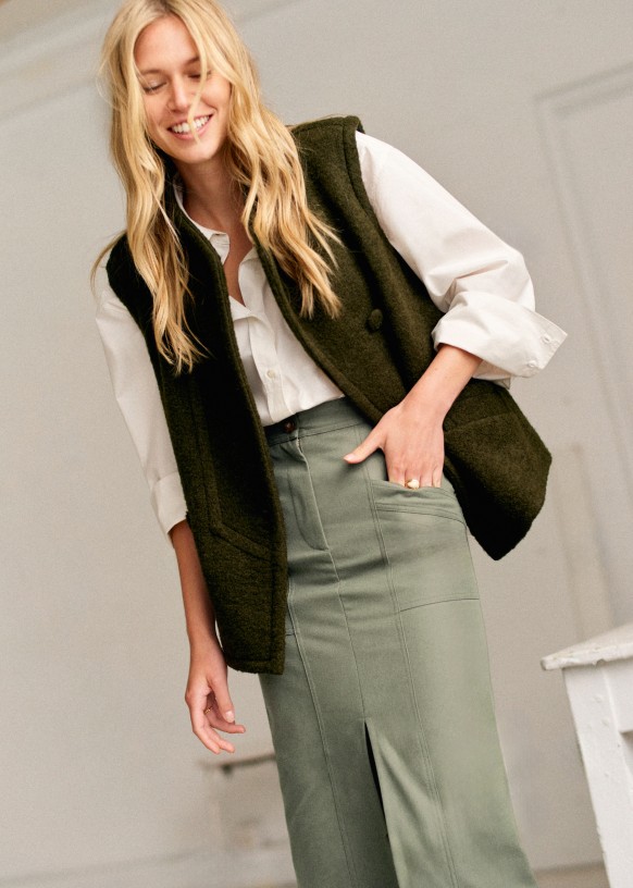 【sezane/セザンヌ】Carlo ジャケット ノースリーブ ハイネック Carlo Jacket - Olive Green - Virgin wool - Sézane