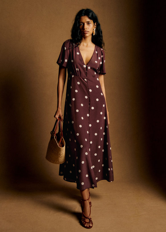 Product image for Solia Dress - Ecru Polka Dots on Chocolate Print