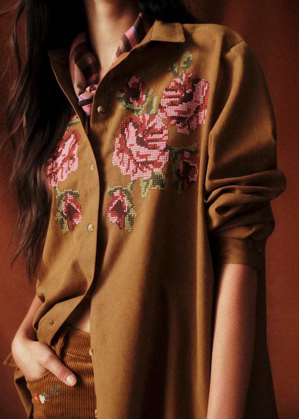 Jeanette Shirt - Sézane x Baziszt - Coffee with Floral Embroidery