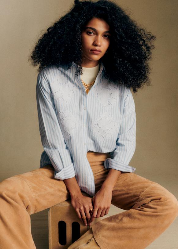 Maxy Shirt - Sézane x Andion - Cream with Pink Floral Embroidery