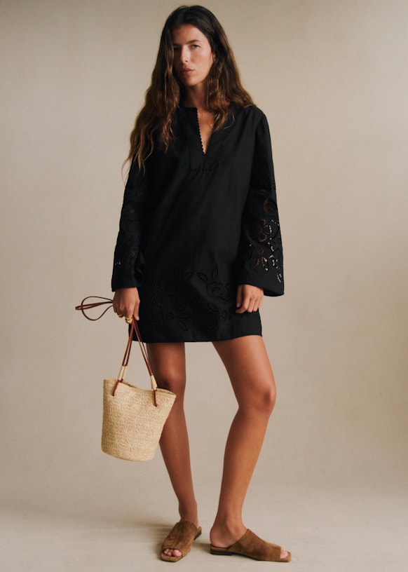 Isla Dress - Black Embroidery - Organic Cotton - Szane