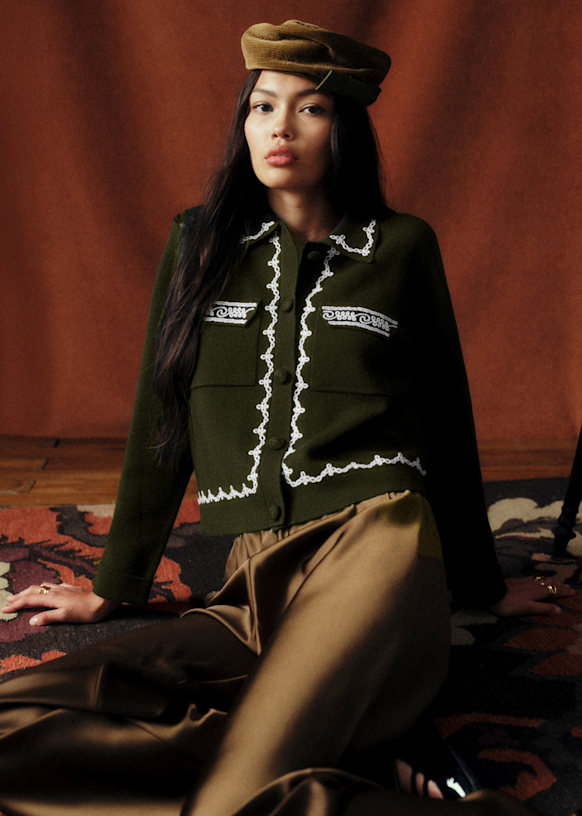 Betty Cardigan - Sézane x Baziszt - Khaki Ecru Embroidery - Merino