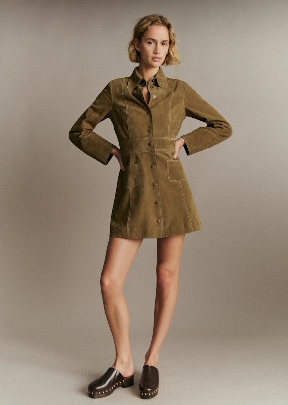 brown coat dress Philoe - Bronze - Goat leather Color:Black/Ocean brown long dress sunset-26 Black Seersucker V-Neck Midi