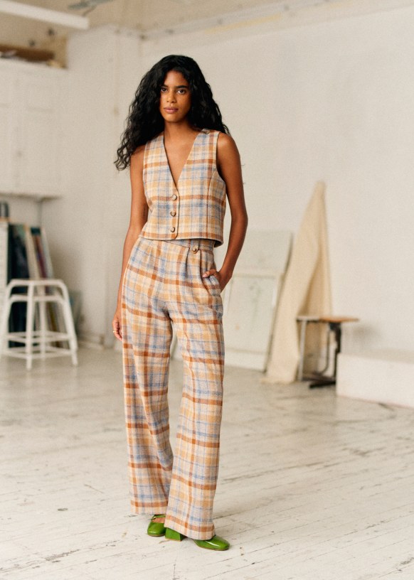 Drea Jacket - Ochre - blue check - Wool - Sézane