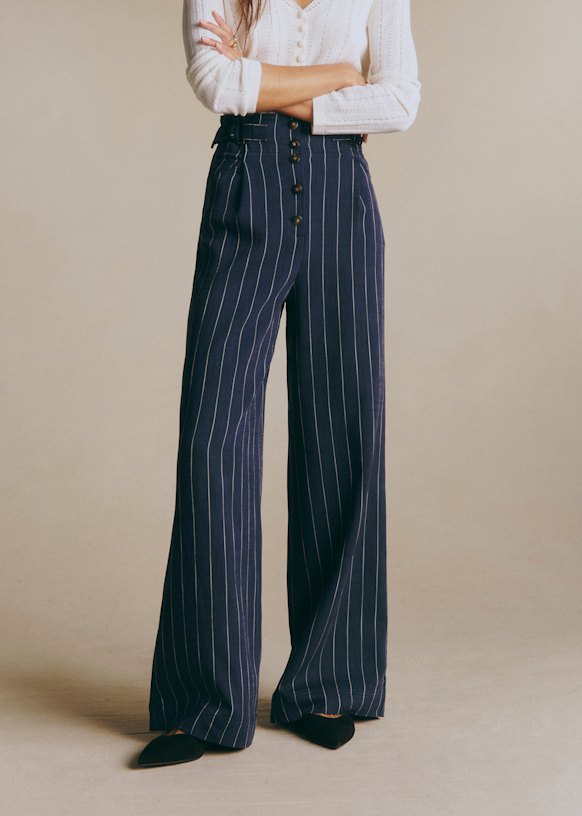 Elijah Trousers - Ecru Stripes on Navy - Viscose ECOVERO™ LENZING