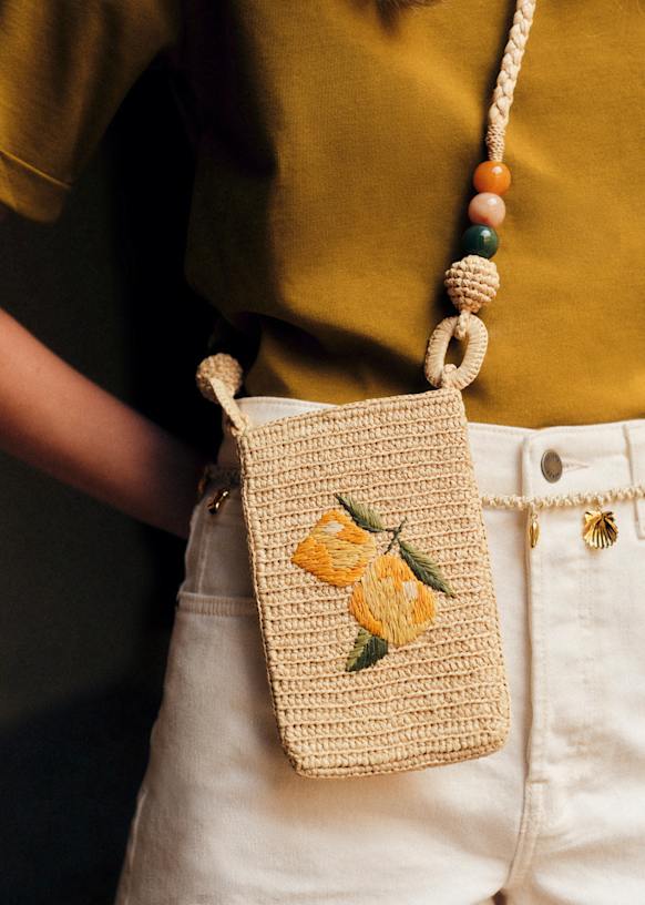 Tasha Crossbody Pouch - Raffia with Lemon Embroidery - Raffia - Sézane