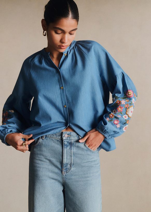 Nerissa Shirt - Multicolor Placed Embroidery Chambray Background