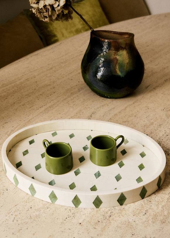 Oval Tray - Ecru and Acacia Grid Pattern - Wood - Sézane