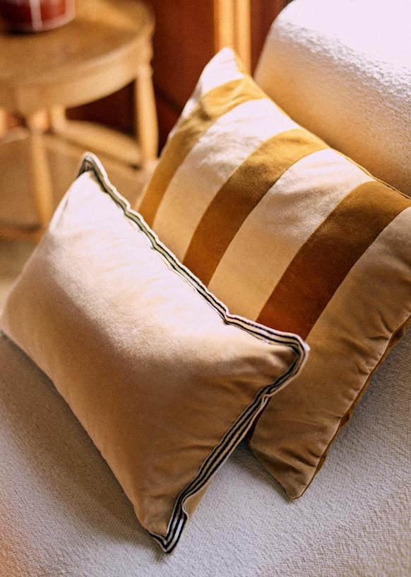 Velvet Stripes Cushion Large model Beige and Caramel Sezane