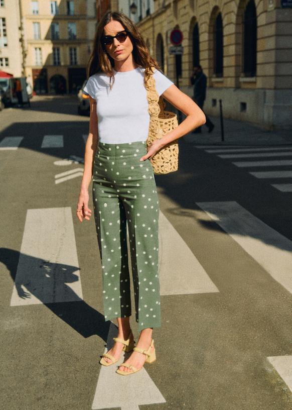 Jenson Trousers - Ecru Polka Dots On Green - Linen - Octobre