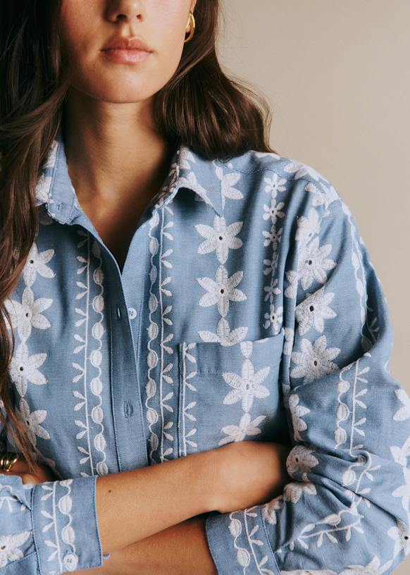 Max Shirt - Blue with Ecru Floral Frieze - Organic Cotton - Sézane