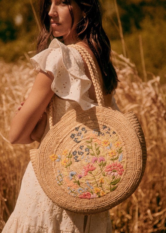 [SEZANE] スモールフラワー刺繍 Juneバスケット June Basket - Embroidered Floral - Raffia - Sézane