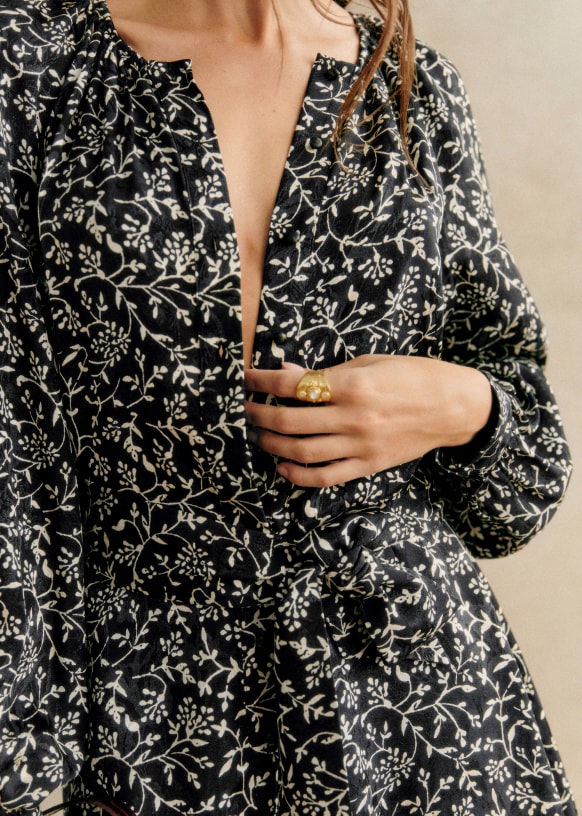 【あすつく】 Merry Dress Sézane - Print Floral Black Two-tone - ワンピース