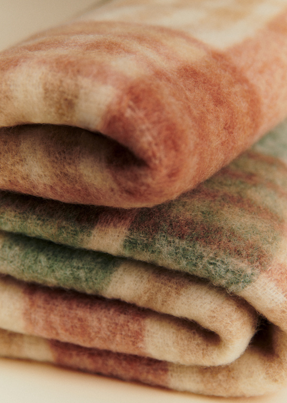 VINTAGE 100% MOHAIR BLANCKET ショール 超肉厚 Mohair throw - Sage & Caramel Check Pattern - Alpaca - Sézane