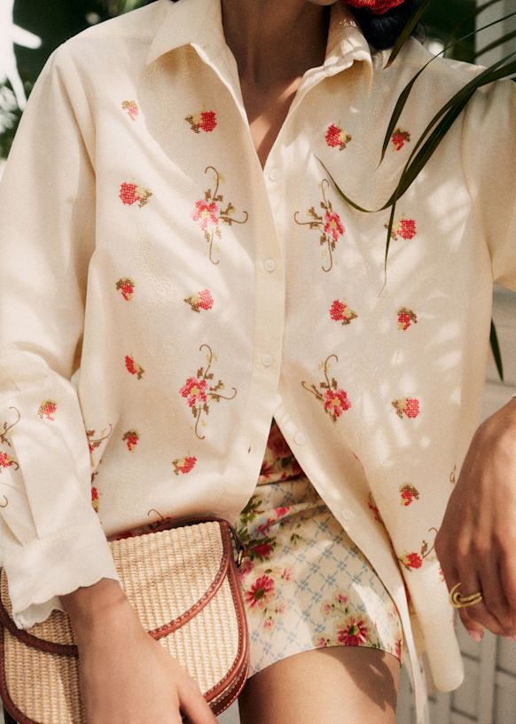 Maxy Shirt - Sézane x Andion - Cream with Pink Floral Embroidery