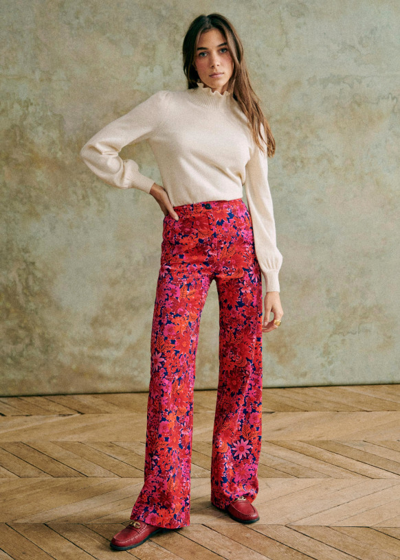 Vintage Flower Print Wide Leg Pants Retro Floral Knitted High Waist Trousers