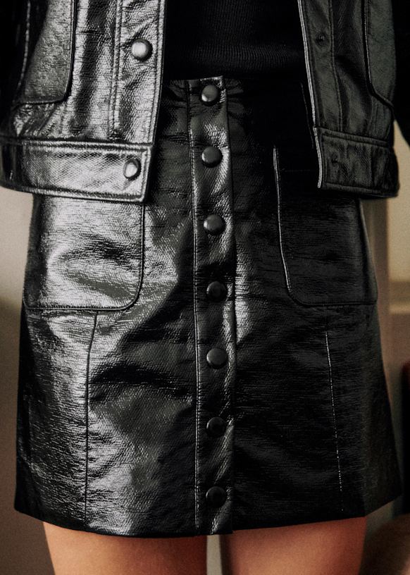 Line Skirt Vinyl Button Skirt Nehir Skirt Black Vinyl Cotton Sézane - Main Image
