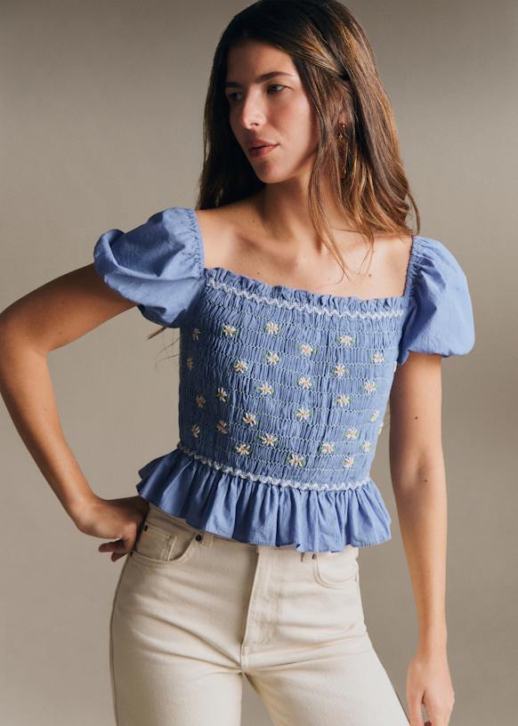 Charlyne Blouse - Blue With Ecru Floral Embroidery - Organic