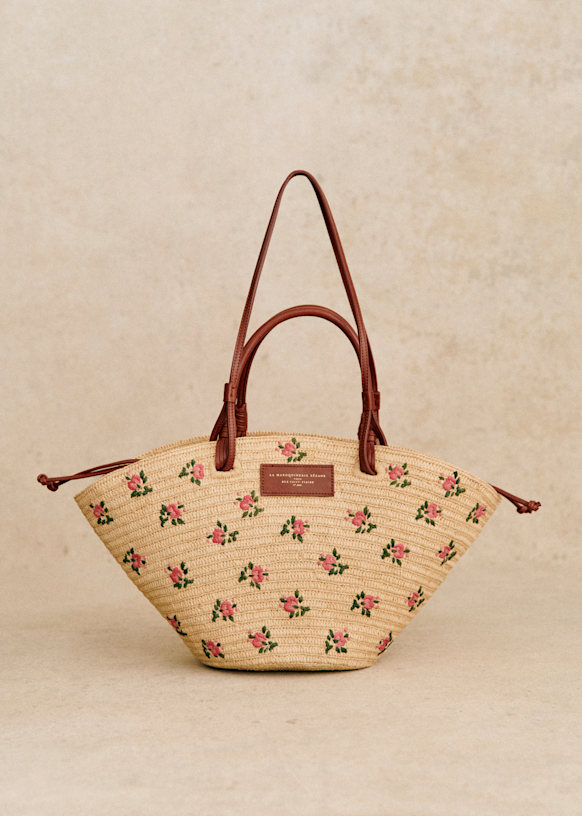 ファッション フラワー ラフィア刺繍 - バスケット Justine ピンク ラフィア - バッグ