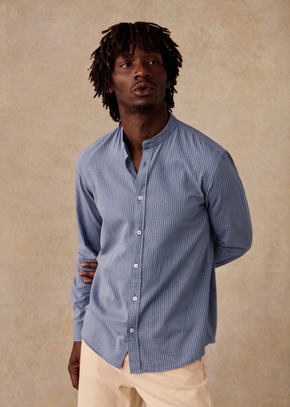 Camisa de algodon y lino Benny Azul Vintage Rayas Blancas Algodon organico textil fabricado con fibras ecologicas Octobre Editions