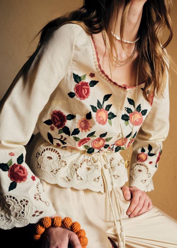 Solara Shirt - Ecru with Red and Pink Secret Garden Embroidery ...