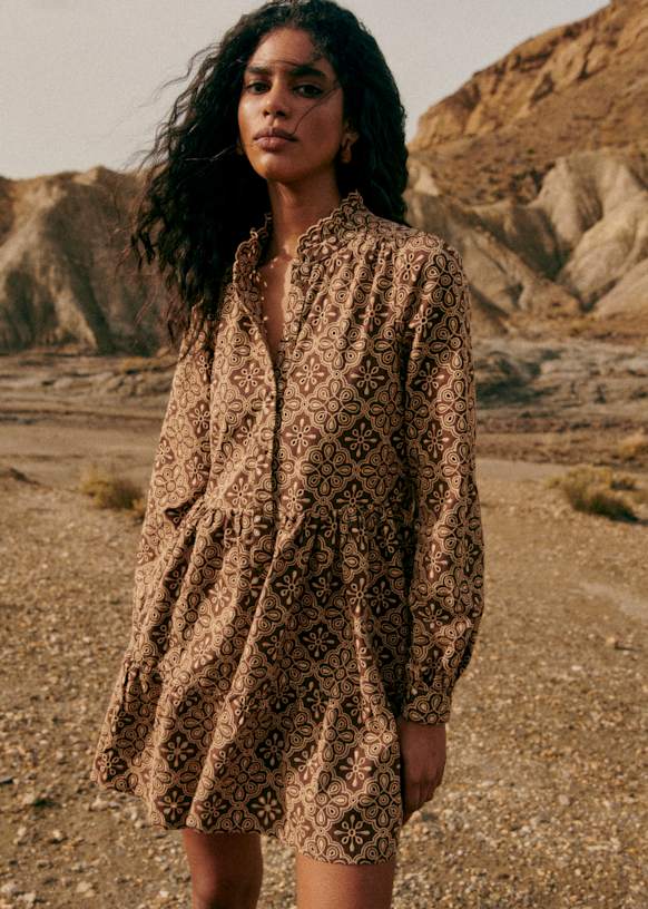 Hidaya Dress - Embroidered Cream and Chestnut - Organic Cotton - Szane