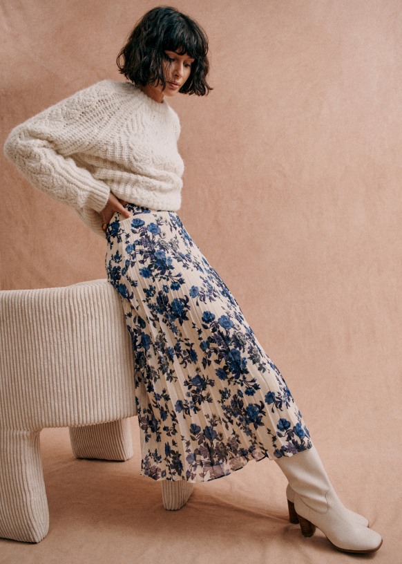 Massy skirt. - Jacquard Blue Flowers - Cotton - Sézane