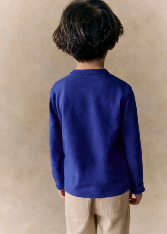 ORANGE AND NAVY PLAID LONG SLEEVES SHIRT IN LINEN AND COTTON, CHILD ORANGE AND NAVY PLAID LONG SLEEVES SHIRT IN LINEN AND COTTON, CHILD