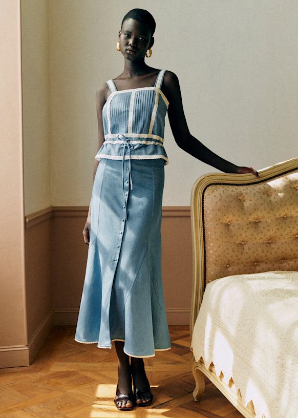 Jolana Skirt - Placed Chambray Embroidery - Organic Cotton - Sézane