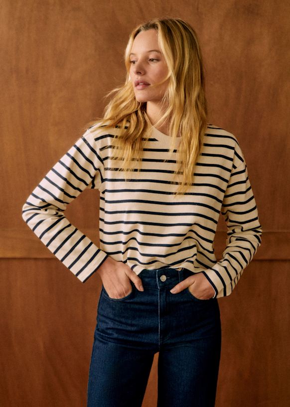 【メーカー直売】 Elina オーガニックコットン - エクリュとレッド - ボーダー トップス