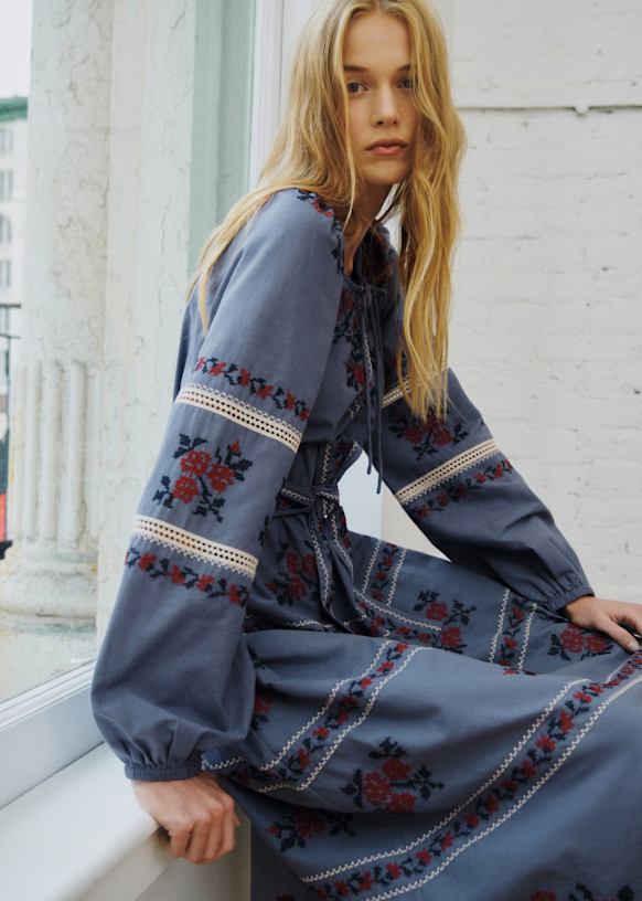 Cindya Dress - Sézane x SEA NY - Blue with Contrasting Brick