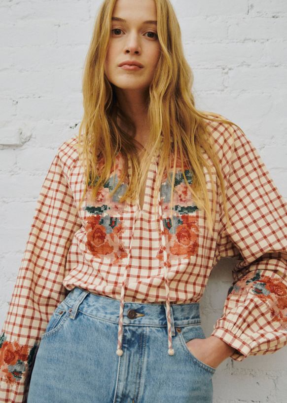 Aquila ブラウス - Sézane x SEA NY - チェック柄の背景にアースカラー