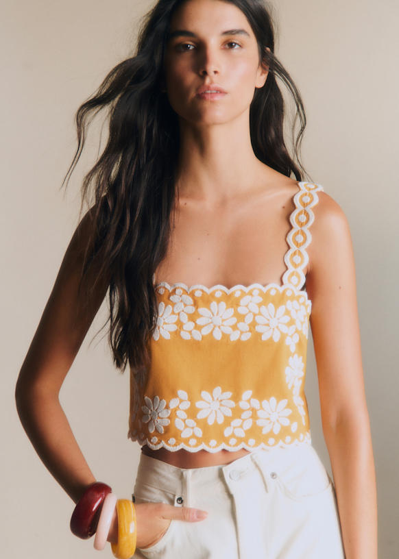 Marga Blouse - Yellow with Ecru Diamond Embroidery - Organic