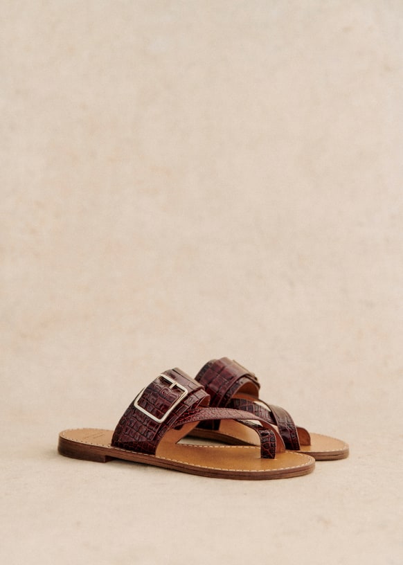 Freya Low Sandals - Chocolate Crocodile Print - Bovine leather