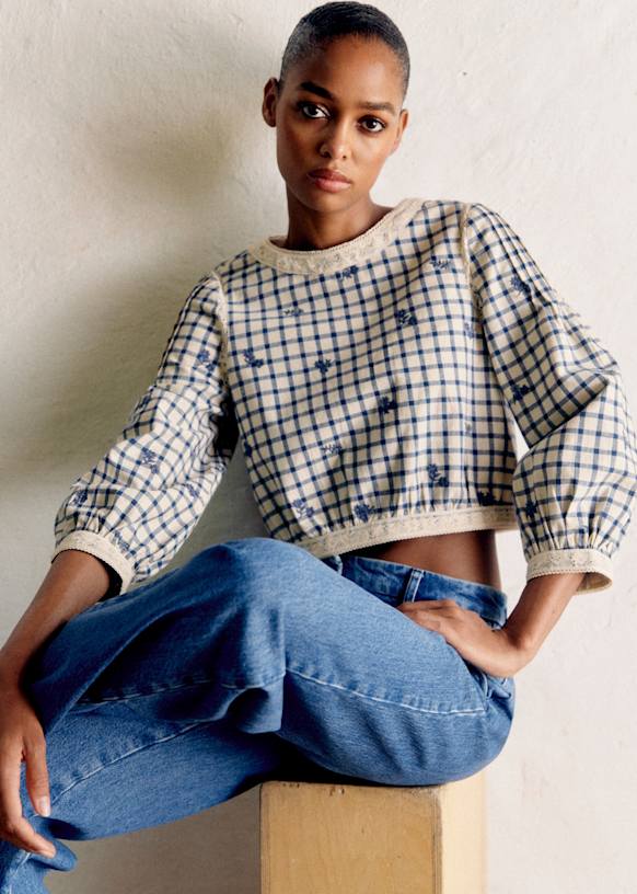 Thalyna Blouse - Blue Floral Embroidery on Vichy Fabric - Organic