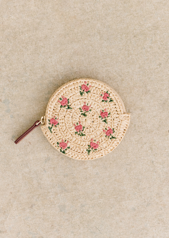 パリ発【SEZANE】Nicole ラフィア マーガレットコインケース Nicole Coin Purse - Embroidered Pink Flowers Raffia - Raffia