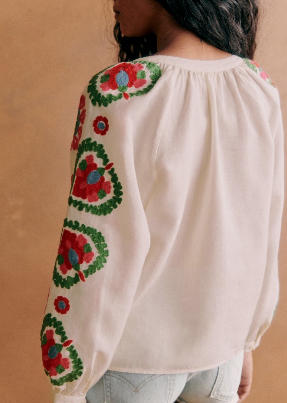 Saveria Blouse - Blue with ecru embroidery - Organic cotton