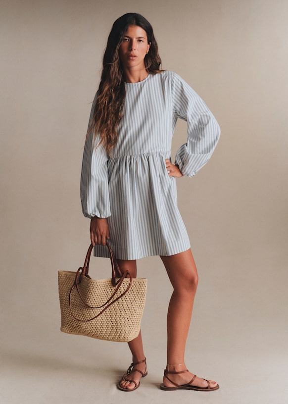 Zelie Dress - Light Blue and Ecru Stripes - Organic Cotton - Sézane