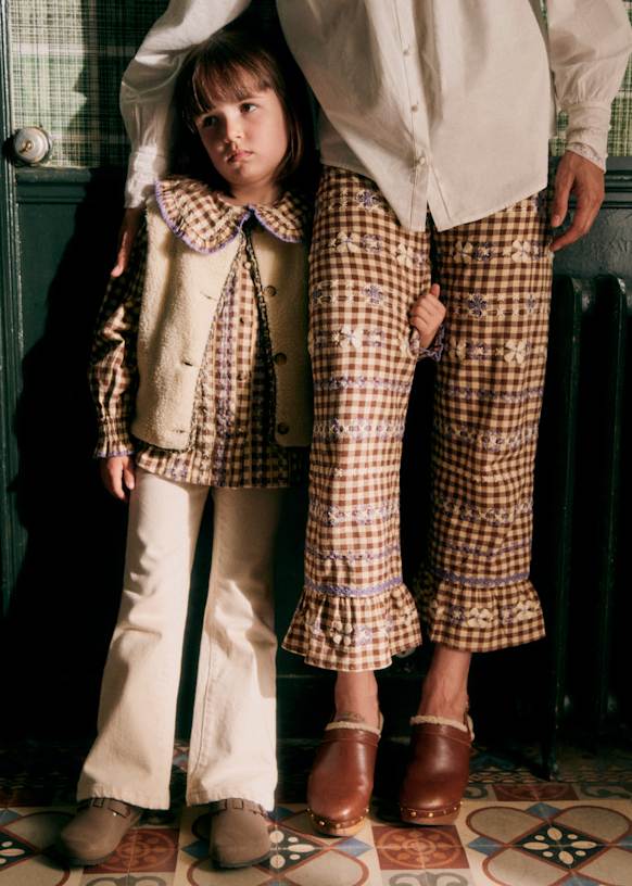 Alexio Trousers - Lila Brown Gingham Embroidery - Organic Cotton